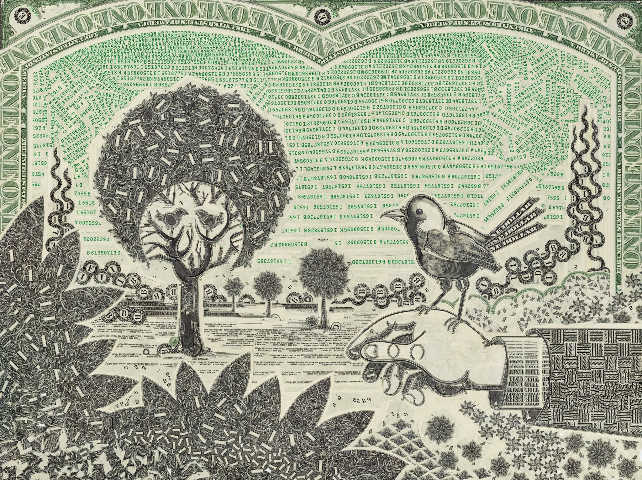 Bird in Hand, cut one-dollar bills (Photo by Mark Wagner)
